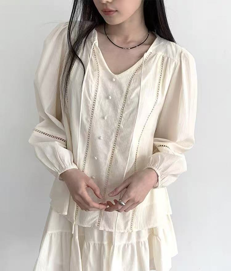 레이스 홀로우 아웃 패치워크 자외선 차단 V넥 레이스 업 셔츠 다용도 케이크 치마 세트 신선함 달콤함 세트