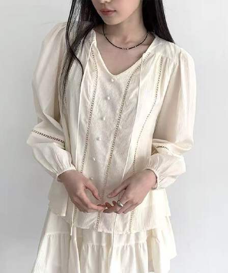 레이스 홀로우 아웃 패치워크 자외선 차단 V넥 레이스 업 셔츠 다용도 케이크 치마 세트 신선함 달콤함 세트