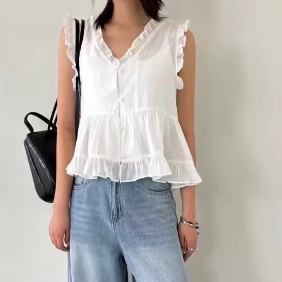 달콤함 레이스 쉬폰 조끼 셔츠 얇고 가벼운 디자인 귀여운 맨위 작은 레이스 셔츠 V넥 민소매 여성
