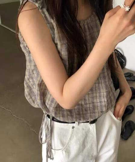 달콤함 마이크로 ~을 통해 격자 무늬 셔츠 허리 펌프 로프 슬림해 보이는 민소매 셔츠 차가운 얇은 스타일 조끼 작은 셔츠