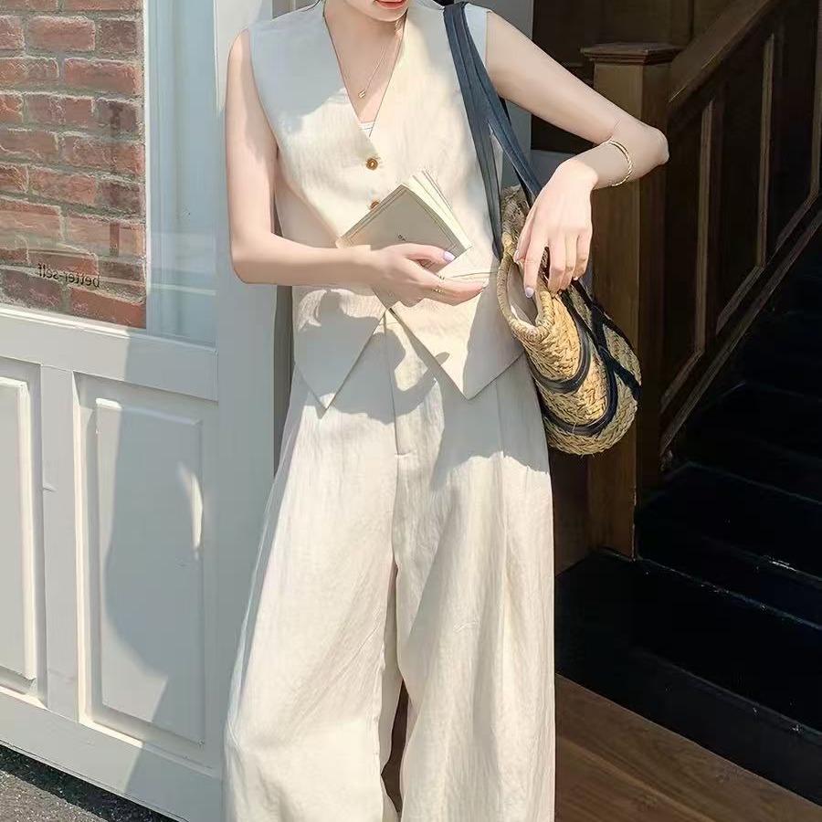 베스트 조끼 펌프 로프 허리 수축 다용도 캐주얼 넓은 다리 길이 바지 세트 베스트 정장 심지어 세트 V넥 오래된 돈 바람