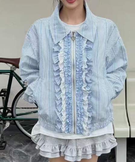 문 襟 레이스 플리츠 프릴 패치워크 체크무늬 지퍼 재킷 polo 폴로 칼라 셔츠 종류 재킷 긴팔 재킷