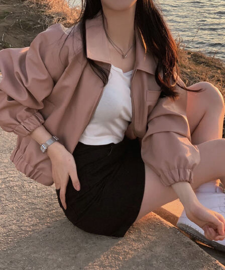 있음 밖으로 한국 미니멀리즘 캐주얼 다용도 폴로 칼라 작은 대중 지퍼 PU 가죽 짧은 외투 맨위