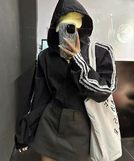 한국 스타일 chic 후드 재킷 레이스 화이트 로드 긴팔 재킷 운동 바람 자외선 차단 외투 얇은 스타일 재킷 재킷