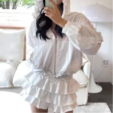 批发连帽抽绳立体荷花边防晒衣休闲运动外套<b class='q'>百搭</b>宽松褶皱长袖薄外套