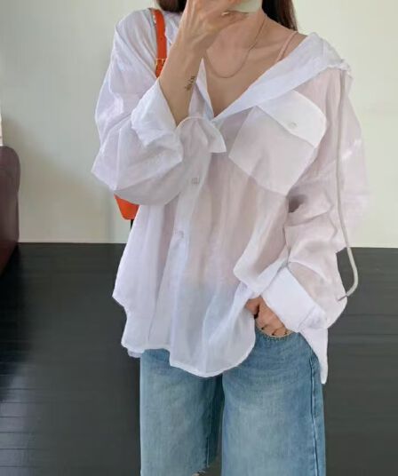 후드 격자 무늬 셔츠 루즈핏 다용도 캐주얼 얇은 스타일 후드 태양 보호 셔츠 맨위 뒤로 트임 긴팔 셔츠
