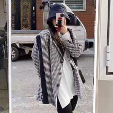 批发复古西服外套金典<b class='q'>千鸟格</b>时尚拼接宽松高级感通勤西装上衣双排扣