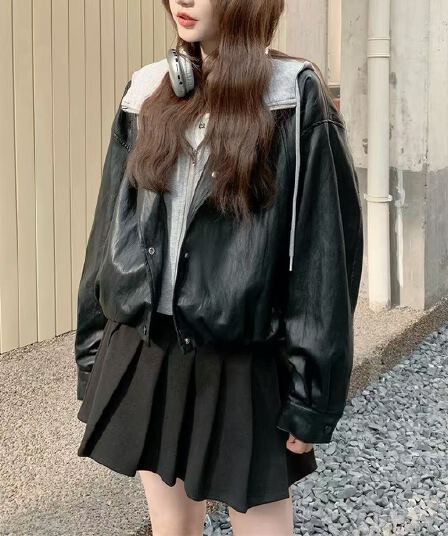 후드 패치워크 PU 가죽 외투 셔츠 재킷 배색 페이크 레이어드 새로운 독립적 인 캐주얼 오토바이 가죽 자켓 짧은 외투