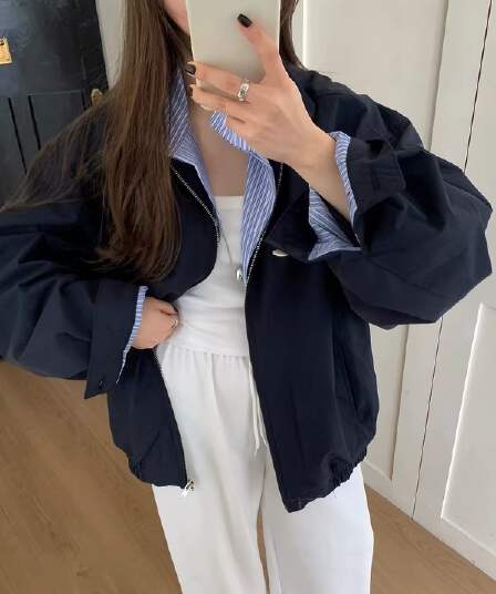 페이크 레이어드 재킷 재킷 패션 스트라이프 패치워크 폴로 칼라 오픈 가디건 지퍼 재킷 재킷 캐주얼 다용도 루즈핏