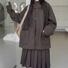 批发韩系 氛围感百搭连帽单排扣休闲毛呢<b class='q'>大</b>衣外套  已出