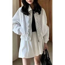 批发褶皱木耳边波点长袖外套女翻领拉链宽松显瘦<b class='q'>甜美</b>减龄收摆夹克上衣