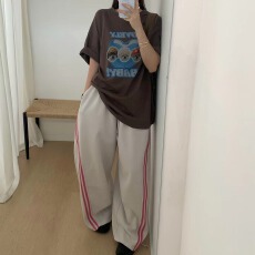 批发时尚宽松紧腰抽绳拼接设计感洗水弯刀<b class='q'>裤</b>百搭长卫<b class='q'>裤</b>简约<b class='q'>条纹</b>阔腿<b class='q'>裤</b>
