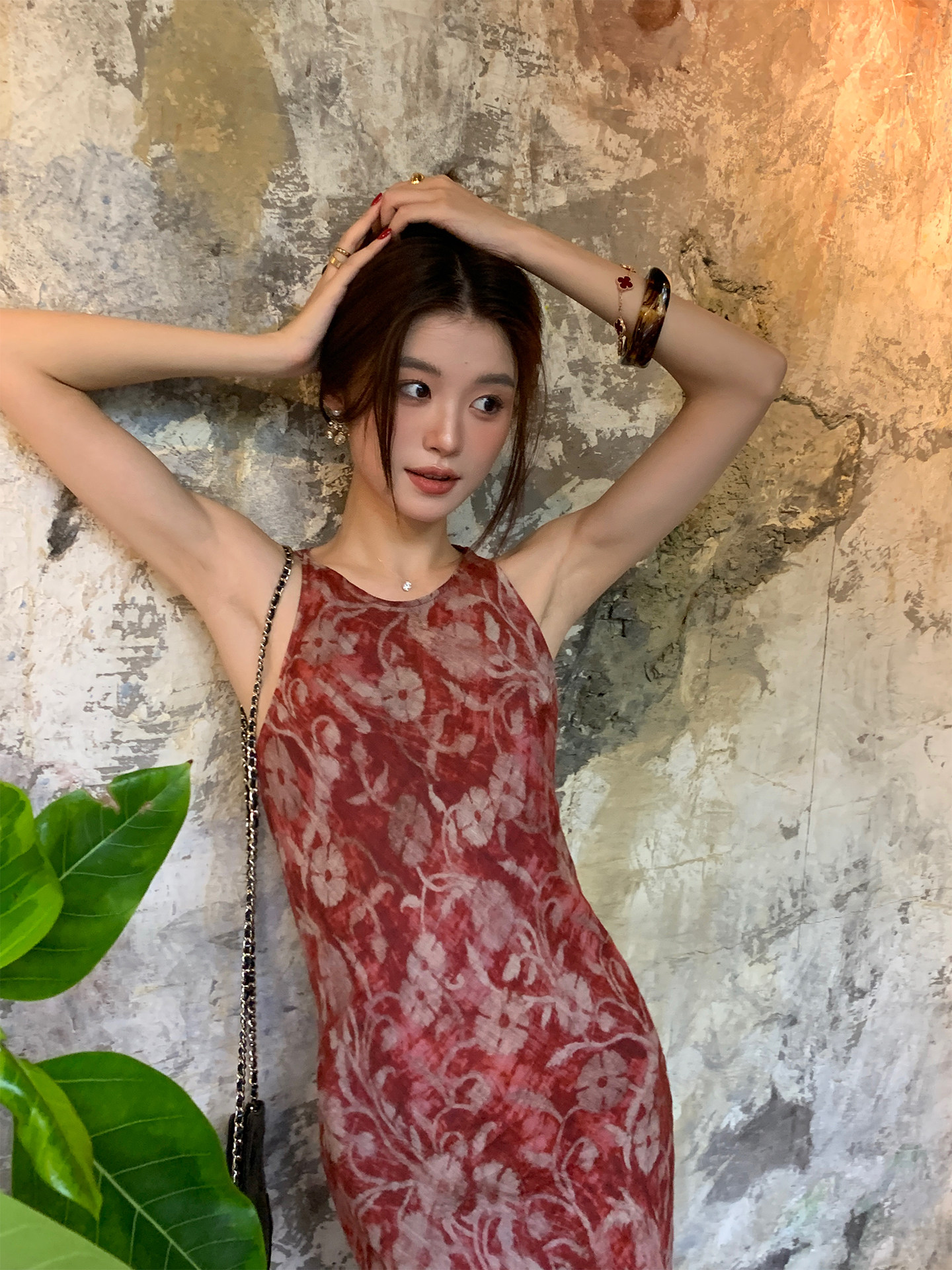 섬 장미 rare zz 여름 프랑스식 빛 럭셔리 레트로 빨간색 프린트 행침 목 드레스