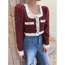 批发韩系小香风重工<b class='q'>蕾丝</b>边拼接宽松泡泡袖粗仿短外套