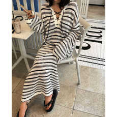 批发韩系<b class='q'>条纹</b>针织气质v领＋高腰<b class='q'>半身裙</b>套装