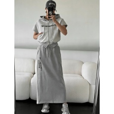 批发韩系新款连帽拉链短袖<b class='q'>卫衣</b>＋松紧腰半身裙