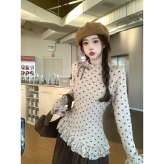 批发有货～实拍～春秋复古波点蝴蝶结花边修身显瘦内搭打底衫<b class='q'>女</b>上衣