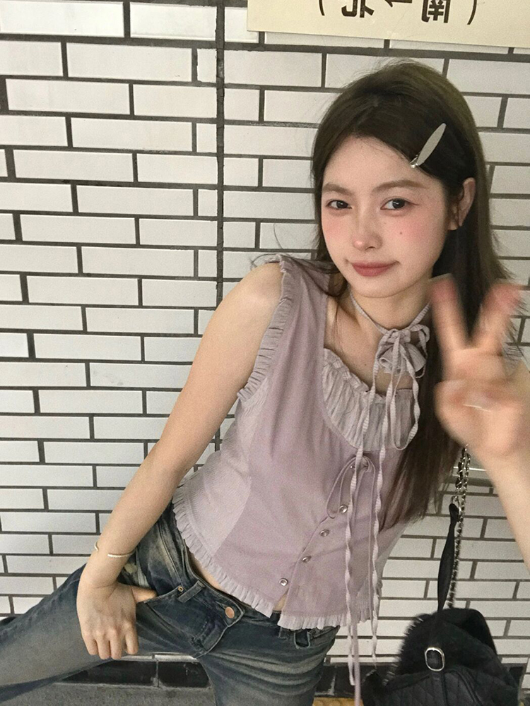 재고 있음 실사 보라색 민소매 맨위 달콤함 핫걸 여성 여름 디자인 센스 프릴 몸매 가꾸기 작은 맨위