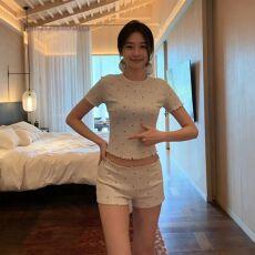 批发有货~爱心印花木耳边卷边居家服运动舒适套装短袖上衣短裤两件套