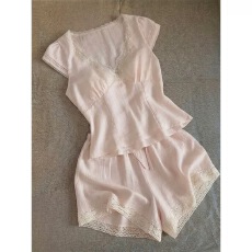 批发有货~蕾丝花边带胸垫短袖睡衣女夏季舒适短裤可外穿家居服套装