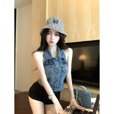 批发实拍实价 美式辣妹字母<b class='q'>印花</b>翻领挂脖露肩牛仔背心+打底短裤套装