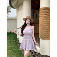 批发实拍实价 纯欲香芋紫U领针织吊带收腰无袖a字短裙