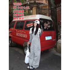 批发韩系休闲水洗旧工装背带裤多口袋宽松直筒收腰显瘦长裤