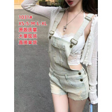 批发原创设计2025夏季新款复古做旧水洗蓝<b class='q'>牛仔</b>背带短裤女