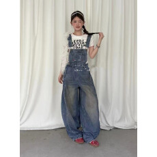 批发美式街头刺绣KT<b class='q'>牛仔</b><b class='q'>背带裤</b><b class='q'>女</b>夏设计感小众减龄小个子水洗直筒长裤