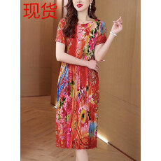 批发三宅褶皱2026夏季新款大码阔太太<b class='q'>宽松</b>复古印花气质显瘦A字连衣裙