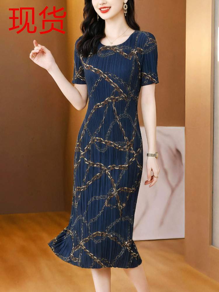 RY2225# 三宅褶皱2026夏季新款大码阔太太宽松复古印花气质显瘦A字...