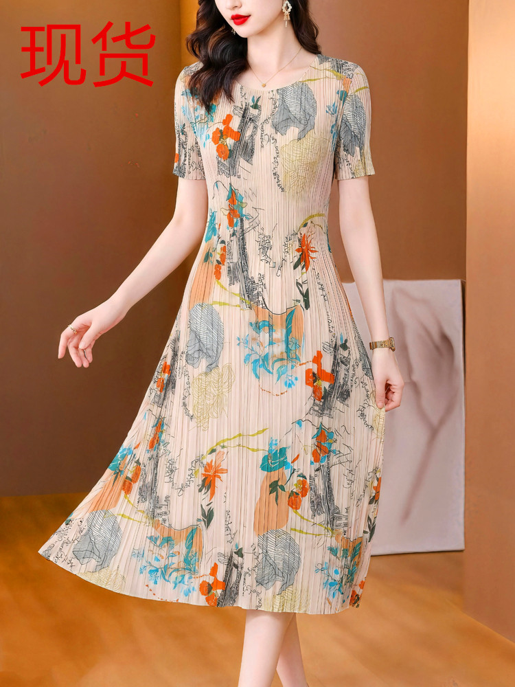 RY2223# 三宅褶皱2026夏季新款大码阔太太宽松复古印花气质显瘦A字...