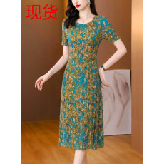批发三宅褶皱2026夏季新款大码阔太太宽松复古印花气质显瘦A字连衣裙