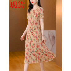 批发三宅褶皱2026夏季新款大码阔太太宽松复古印花气质显瘦A字连衣裙