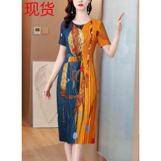 批发三宅褶皱2026夏季新款大码阔太太宽松复古印花气质显瘦A字<b class='q'>连衣裙</b>