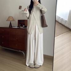批发杏色糯米裤 秋季大码胖mm显瘦慵懒风软糯阔腿裤子