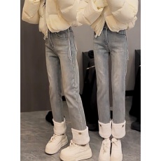 批发精品牛仔梨形身材直筒牛仔裤秋冬新款加厚绒百搭显瘦<b class='q'>胖</b>高腰烟管裤