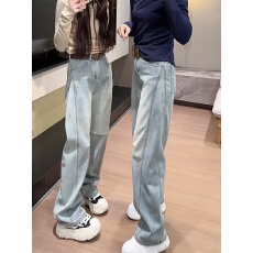 批发窄版直筒牛仔裤女2025秋季新款大码窄版拖地裤显瘦宽松弯刀阔腿裤