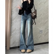 批发微喇高腰大码牛仔裤女胖mm复古百搭修身长裤显瘦喇叭裤KX