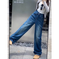 批发复古美式阔腿牛仔裤女春<b class='q'>秋</b>新款胖mm宽松高腰大码显瘦直筒拖地裤子