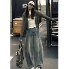 批发复古美式阔腿牛仔裤女春<b class='q'>秋</b>新款微胖mm梨形身材显瘦宽松直筒拖地裤