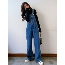 批发适合胯大腿粗直筒牛仔背带裤女韩版宽松秋季款学生复古大码阔腿裤