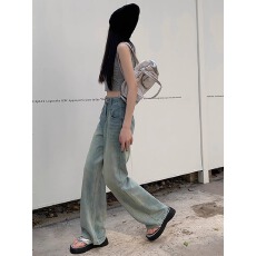 批发水洗做旧阔腿牛仔裤女<b class='q'>春</b>秋大码高腰显瘦直筒裤子宽松百搭拖地长裤
