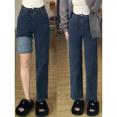 批发大码加绒直筒牛仔裤女秋冬季新款胖妹妹mm高腰显瘦梨形身材裤子