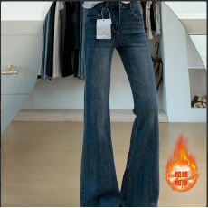 批发加绒微喇牛仔裤女秋冬大码胖mm高腰弹力显瘦修身喇叭裤KX