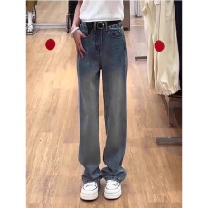 批发秋冬新款高腰显瘦复古直筒牛仔裤大码百搭遮胯宽松阔腿裤KX