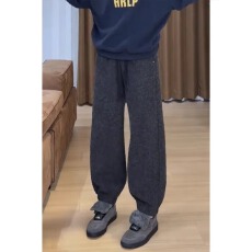 批发设计感时尚显瘦阔腿休闲裤加绒加厚新款百搭显瘦松紧腰束脚宽松裤