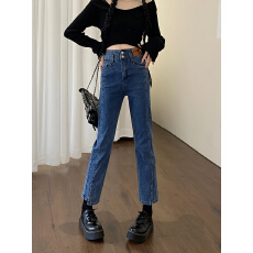 批发黑色开叉直筒牛仔裤女<b class='q'>春</b>秋小个子大码高腰梨形身材穿搭显瘦九分裤