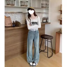 批发蕾丝腰头直筒牛仔裤女<b class='q'>春</b>秋新款高腰宽松胖m显高显瘦阔腿裤KX