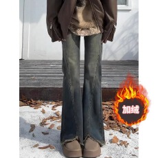 批发窄版微喇牛仔裤女秋冬新款加绒毛边设计感胖mm高腰显瘦遮胯喇叭裤